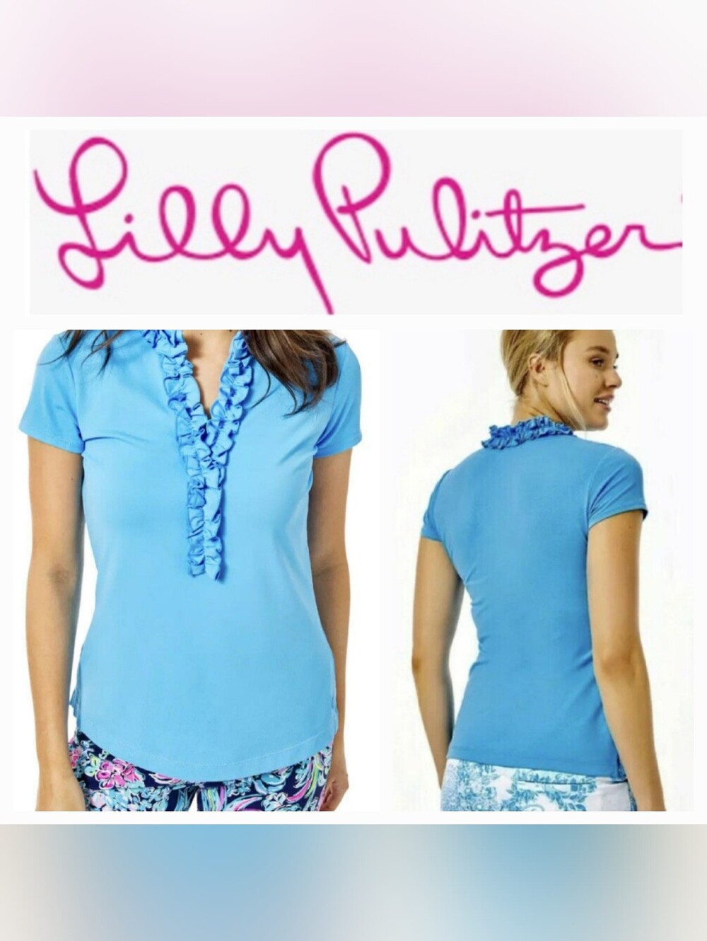 Lilly Pulitzer UPF 50+ Luxletic FRIDA Ruffle Polo Top Blue Horizon Sz XL